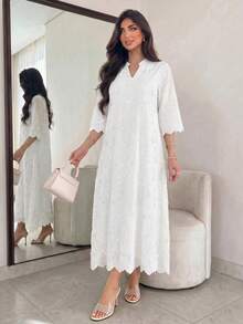 Lacomfia Spring/Summer Fashion Mint Green Positioned 3D Embroidered Stand Collar Mid-Length Sleeve Dress - White - View 2