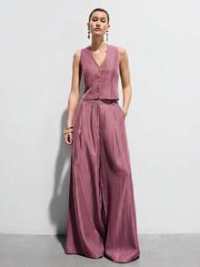 Aveloria Modichic Dusty Pink Color Scheme Silky Satin-Like Sleeveless Fitted Vest With High-Waist Wide-Leg Pants Suit 2 Pieces Set, Metal Decor Buckle, Smart Casual - Purple - View 1