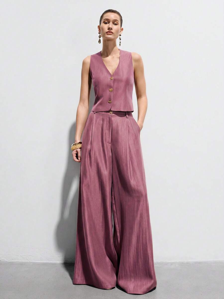 Aveloria Modichic Dusty Pink Color Scheme Silky Satin-Like Sleeveless Fitted Vest With High-Waist Wide-Leg Pants Suit 2 Pieces Set, Metal Decor Buckle, Smart Casual - Purple - View 1