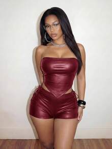 Slaydiva New Street Casual Sexy Hot Girl Y2K Burgundy PU Halter Neck Front Center Strap Top Club Party Summer - Burgundy - View 5