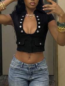 StreetHx Fashionable Casual Disco Street Style Sexy Open Front Camouflage Denim Jacket Club Party Black Summer - Black - View 5