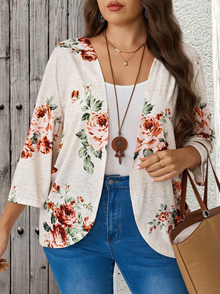 EMERY ROSE Plus Size Olive Green Floral Print 3/4 Sleeve Open Front Jacket Autumn Layering Casual Cowboy Vacation Outfits Women's Winter Coat Fall Clothes - Multicolor - View 1