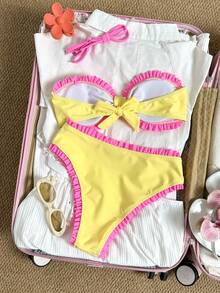 Swim Mod Teen Girl Polka Dot Print Ruched Bandeau Bikini Top With High Waist Ruffle Triangle Bottoms Women's Swimsuit Set - Yellow - View 2