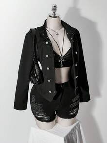 SHEIN ICON Women's Plus Size Distressed Washed Double-Breasted Jacket Fall - Black - View 10