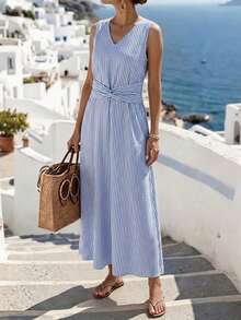 Breezaya Plus Size Women V-Neck Striped Casual Party & Travel Dress - Rust Brown - View 3