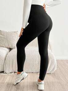 SHEIN Maternity Casual Soft Form Versatile Solid Color High Waist Leggings, Summer, Black Work Photoshoot Gender Reveal Party - Black - View 2