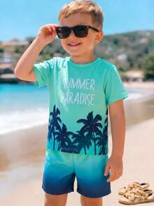 SHEIN Streecool Kids 小男孩圓領字母與棕櫚樹印花短袖T恤搭配漸層色短褲休閒日常套裝 - 彩色 - 查看 1