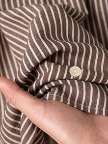 Rusticease Women's Minimalist Button Striped Colorblock Shirt And Loose Long Pants 2 Pieces Set - Brown - View 5