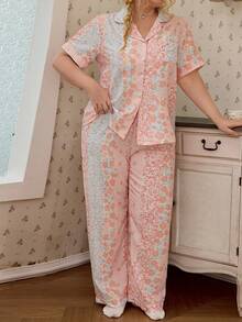 CottageSlumber Conjunto de Pijama Talla Grande con Estampado Floral & Cuadros Romántico Pastoral - Multicolor - Ver 3