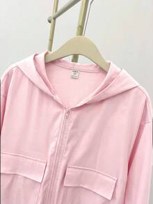 SHEIN 青少年女孩編織純色貼袋短版寬鬆休閒街頭風連帽外套，適合秋季與夏季 - 粉色 - 查看 8