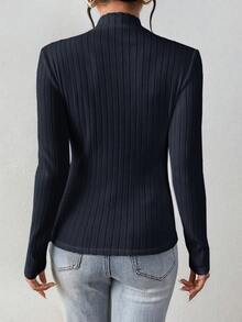 SHEIN Frenchy 藏蓝色 92% 棉罗纹高领长袖修身女式打底T恤 - 藏蓝色 - 查看 2
