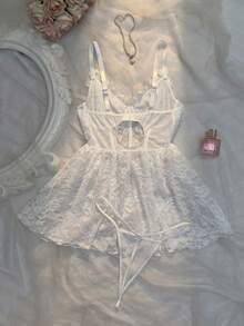 Crystal Vow Plus Size Sexy Bridal Lace Mesh A-Line Dress With 3D Floral Decor Spaghetti Strap Dress 2pcs Set - White - View 2