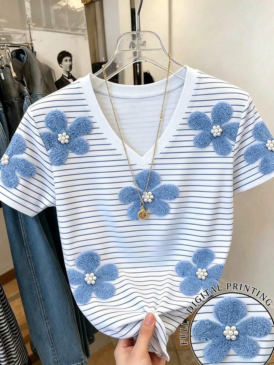 Resyla V領修身女款T恤,舒適貼身,休閒風格,夏季熱銷款 - 彩色 - 查看 1