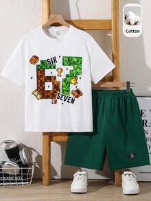 SHEIN 2件裝青少年男孩新款休閒極簡Y2K Mini World 67號經典時尚酷感運動風寬鬆舒適圓領短袖T恤，適合春夏 - 白色 - 查看 5