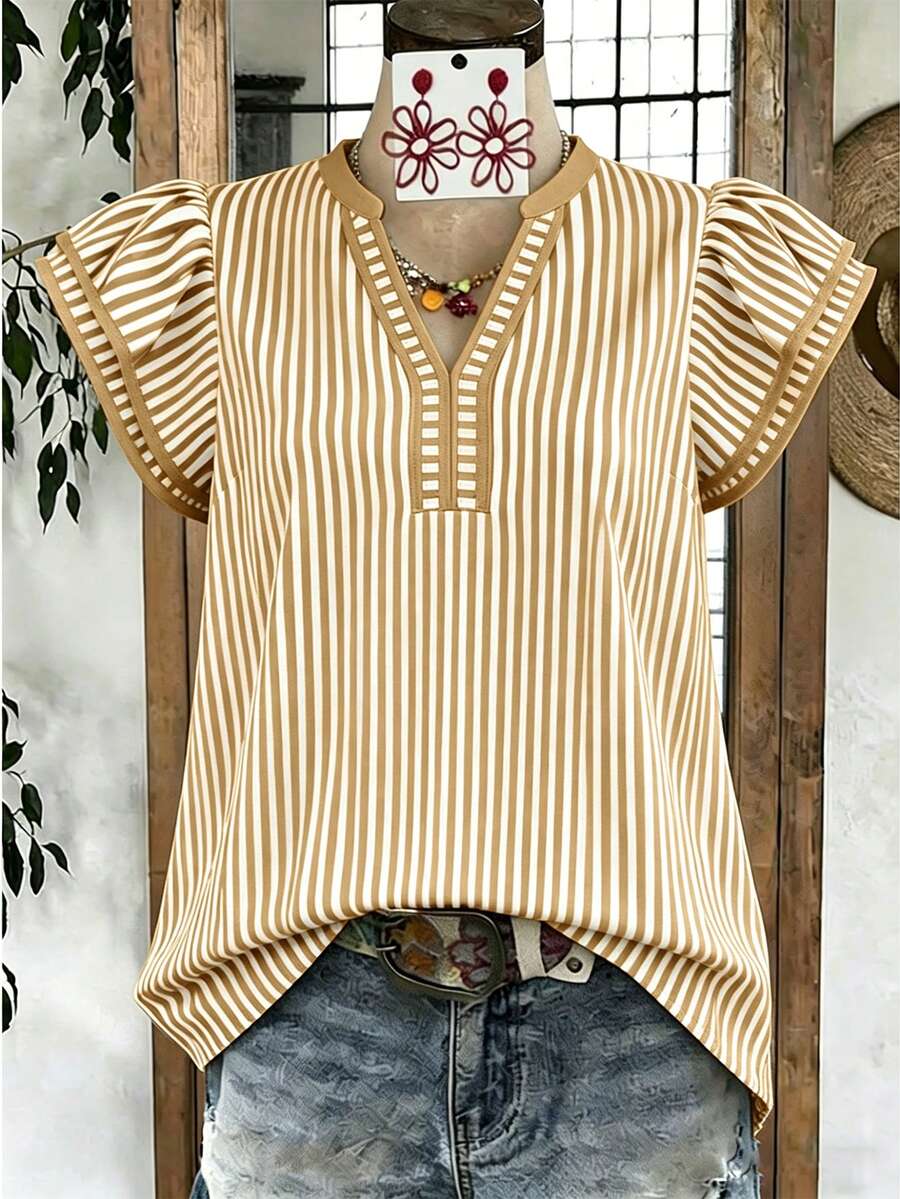 EMERY ROSE 女款休閒波希米亞風條紋V領上衣,紅白條紋拼色,短泡泡袖配對比飾邊,寬鬆版型,適合夏季度假 - 彩色 - 查看 1