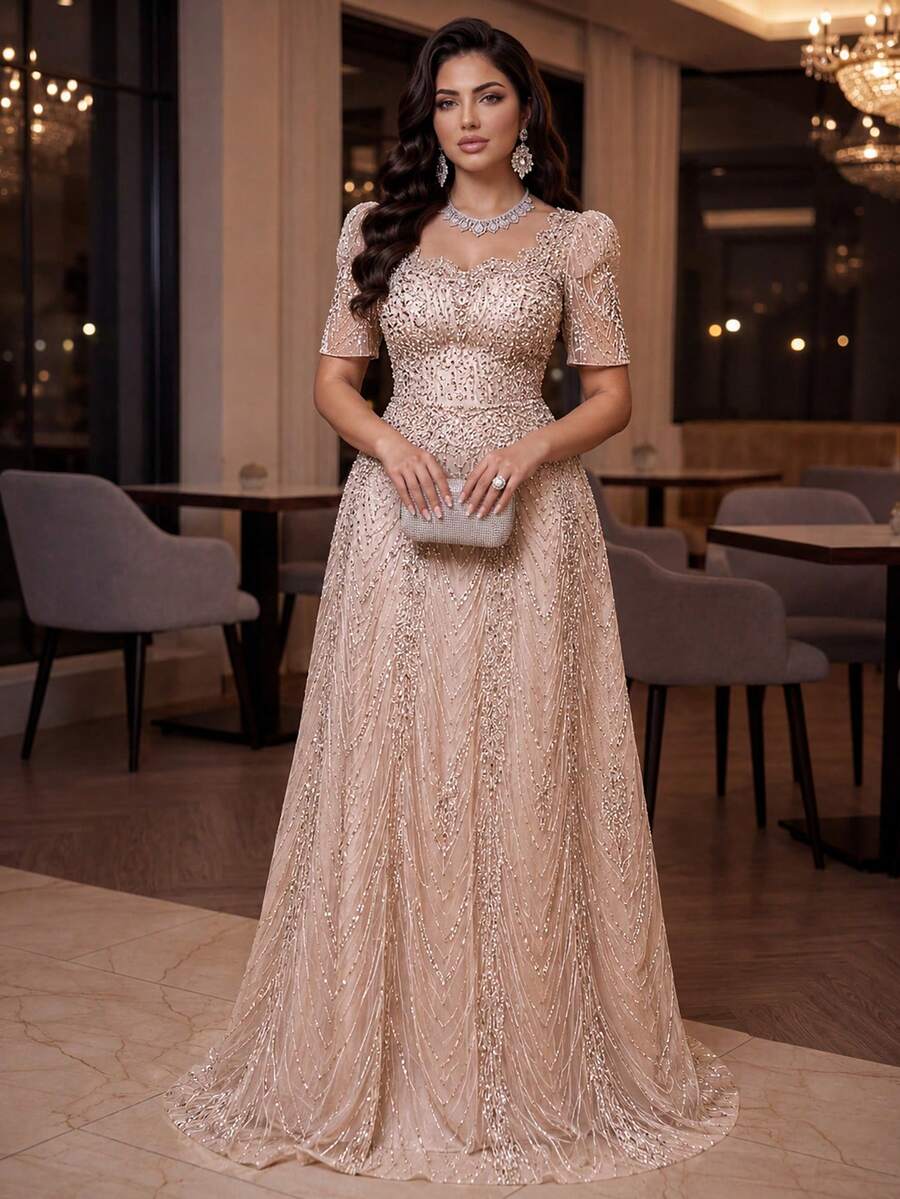 Auveirra 大尺碼優雅香檳金夏季正式舞會婚禮禮服,方領短袖水鑽與珍珠裝飾透視A字裙晚宴禮服派對長裙 - 香檳色 - 查看 1
