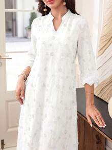 Lacomfia Spring/Summer Fashion Mint Green Positioned 3D Embroidered Stand Collar Mid-Length Sleeve Dress - White - View 6