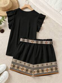 EMERY ROSE Conjunto de 2 piezas con top de volantes de unicolor elegante y shorts estampados, verano - Multicolor - Ver 2