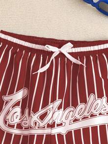 SHEIN Explorewe Pantalones cortos de playa con cordón en la cintura y estampado de rayas con letras para niños preadolescentes - Rojo - Ver 4