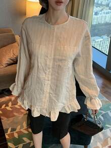DAZY Vintage Striped Loose Round Neck Hem Lace Pocket Casual Girl Vacation Spring Summer Blouse Women Shirt - Grey - View 6