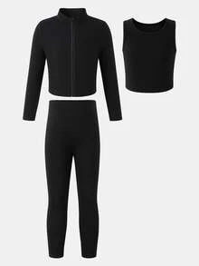 SHEIN 3pcs/Set Kids Young Girl Solid Color Long Sleeve T-Shirt, Tank Top And Leggings Set - Black - View 4