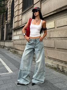 Coolane 女款春夏街頭風外出演唱會穿搭 Y2K 牛仔女郎休閒復古水洗寬腿牛仔褲 低腰棉質香蕉哈倫褲 - 淺色水洗藍 - 查看 3
