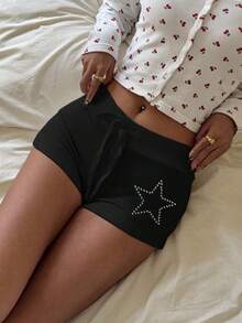 Attitoon Women's Drawstring Waist Star Pattern Slim Fit Shorts - Black - View 6