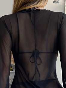 Swim Chiccia Beach Holiday Solid Color Lantern Sleeve Sheer Cover Up Kimono With Tie Front Summer - Black - View 3