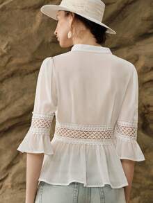 SHEIN Elegant Elegant Summer White Faux Silk Lace Patchwork Blouse Shirt - White - View 2
