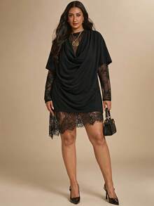 SHEIN BAE CURVE (NO Dress)Plus Size Women's Black Lace Patchwork Top,Everyday Casual T-Shirt,Autumn Solid Color Asymmetrical Hem T-Shirt,Spring & Summer ,Black Top - Black - View 8