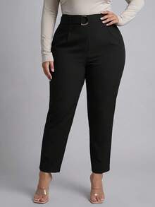 SHEIN PETITE CURVE Plus Size Solid Color Minimalist Pleated Summer Casual Versatile Long Pants - Black - View 7