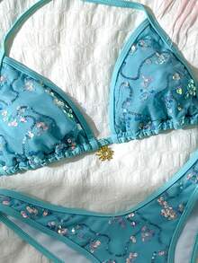 Costavie Swim Basics 2-Piece Spring/Summer Beach Vacation Textured Fabric Gold Sun Accessory Halter Triangle Bikini Top And High-Cut Bikini Bottom Women's Sexy Bikini Swimsuit Set - Mint Blue - View 4