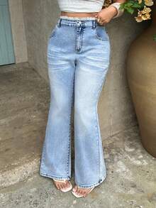 Sunnyshic New Lace Trim High Waist Plus Size Denim Flare Pants Light Blue Summer Vacation Casual Traditional - Blue - View 7