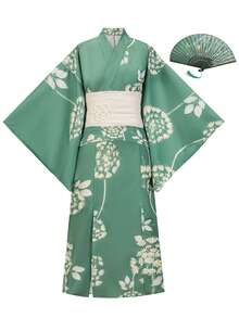 Irokai 日本の伝統的な夏用女性用2ピース着物浴衣プリント（帯なし） - グリーン - チェックする 3