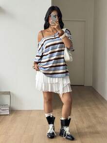 Coolane 女款大尺碼夏秋復古街頭風休閒優雅寬鬆藍色條紋針織不對稱領短袖T恤 - 藍白色 - 查看 7