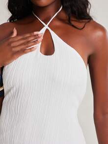 NYA SZN Women's Summer Solid Color Asymmetric Hem Fashion Halter Neck Dress - White - View 2