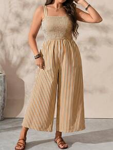 EMERY ROSE Mono casual de vacaciones con cuello cuadrado y rayas para mujer - Café integral - Ver 1