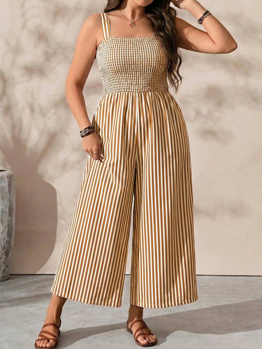 EMERY ROSE Mono casual de vacaciones con cuello cuadrado y rayas para mujer - Café integral - Ver 1