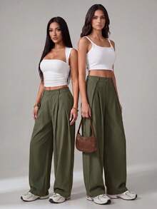 SHEIN Tall 女款夏季復古休閒嬉皮街頭風寬鬆大碼軍綠色長褲，適合高個女性 - 軍綠色 - 查看 3