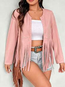 Ceyna Plus Size Front Bubble Bead Jacket Long Sleeve Hem Fringe Fall - Pink - View 5