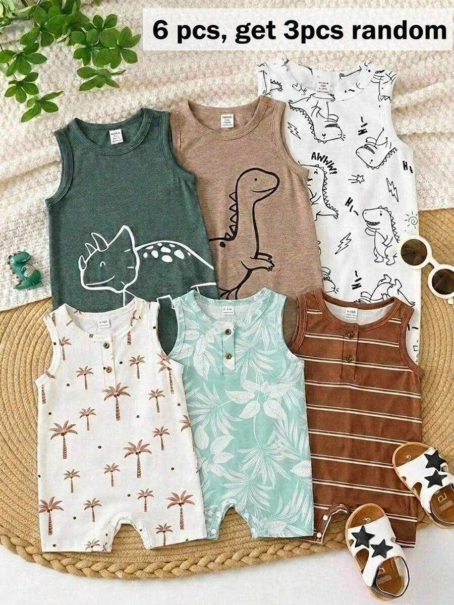 SHEIN 3pcs Unisex Baby Boy Spring/Summer Cute Coconut Tree And Striped Print Sleeveless Romper Shorts Multi-Pack, Spring/Summer Baby Boy Clothes 6pcs, Get 3 Pcs Random - Multicolor - View 1