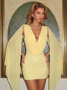 Vowa Elegant Romantic Deep V Metal Buckle Lapel Design Fishtail Mini Skirt Hem For Formal Evening - Yellow - View 4