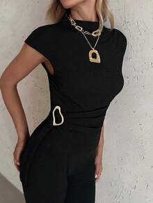 Privoire Camiseta negra para mujer de primavera/verano, nueva llegada, elegante para ir a la oficina, con hebilla metálica, cordones, textura fruncida, efecto estilizante, versátil, para fiestas de vacaciones y uso diario - Negro - Ver 4