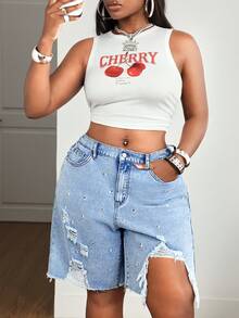 Slaydiva Plus Size Women's Rhinestone Embellished Distressed Pocket Raw Hem Denim Shorts - Blue - View 7