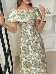 Modelyn Vestido de fiesta elegante de jacquard con cintura ceñida y largo medio para mujer - Verde Oscuro - Ver 7