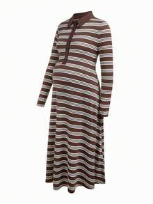 Modmama Maternity Brown Button Half-Placket Long Sleeve Casual Baggy Dress Autumn Photoshoot Formal - Multicolor - View 6