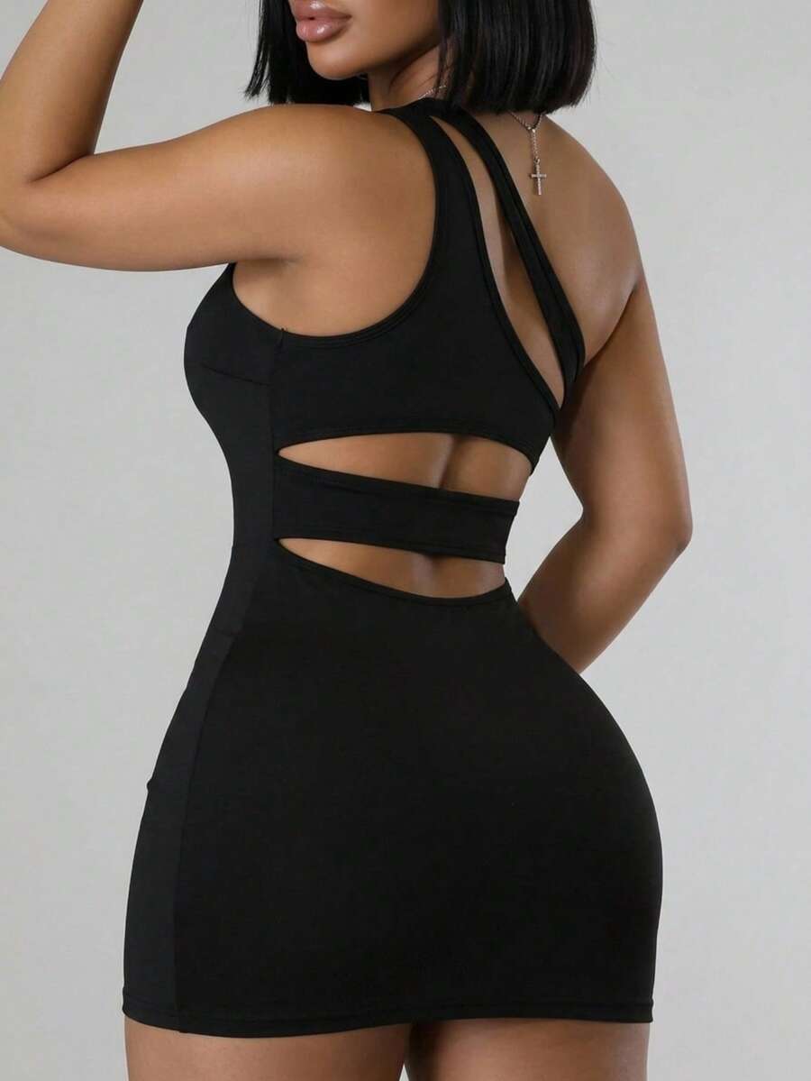SHEIN SXY Vestido de talla grande para mujer de un solo hombro, unicolor, casual para citas y fiestas