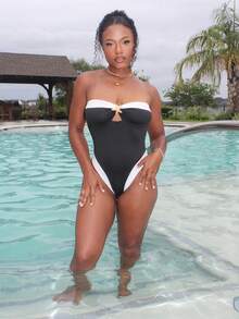 Steph T 女款性感海灘度假風黑白對比色金屬海星裝飾連身衣 夏季 - 黑與白 - 查看 3
