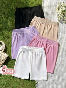 Vintaside Kids Young Girls 5pcs Set Summer Ribbed Multi-Color Simple Versatile Casual Base Shorts, Suitable For Leisure Time, Daily Wear, Outings - Multicolor - View 3