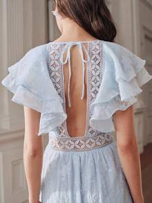 Anewsta Romantic Date Backless Women's Blue Ruffle Chiffon Jacquard Dress - Baby Blue - View 5